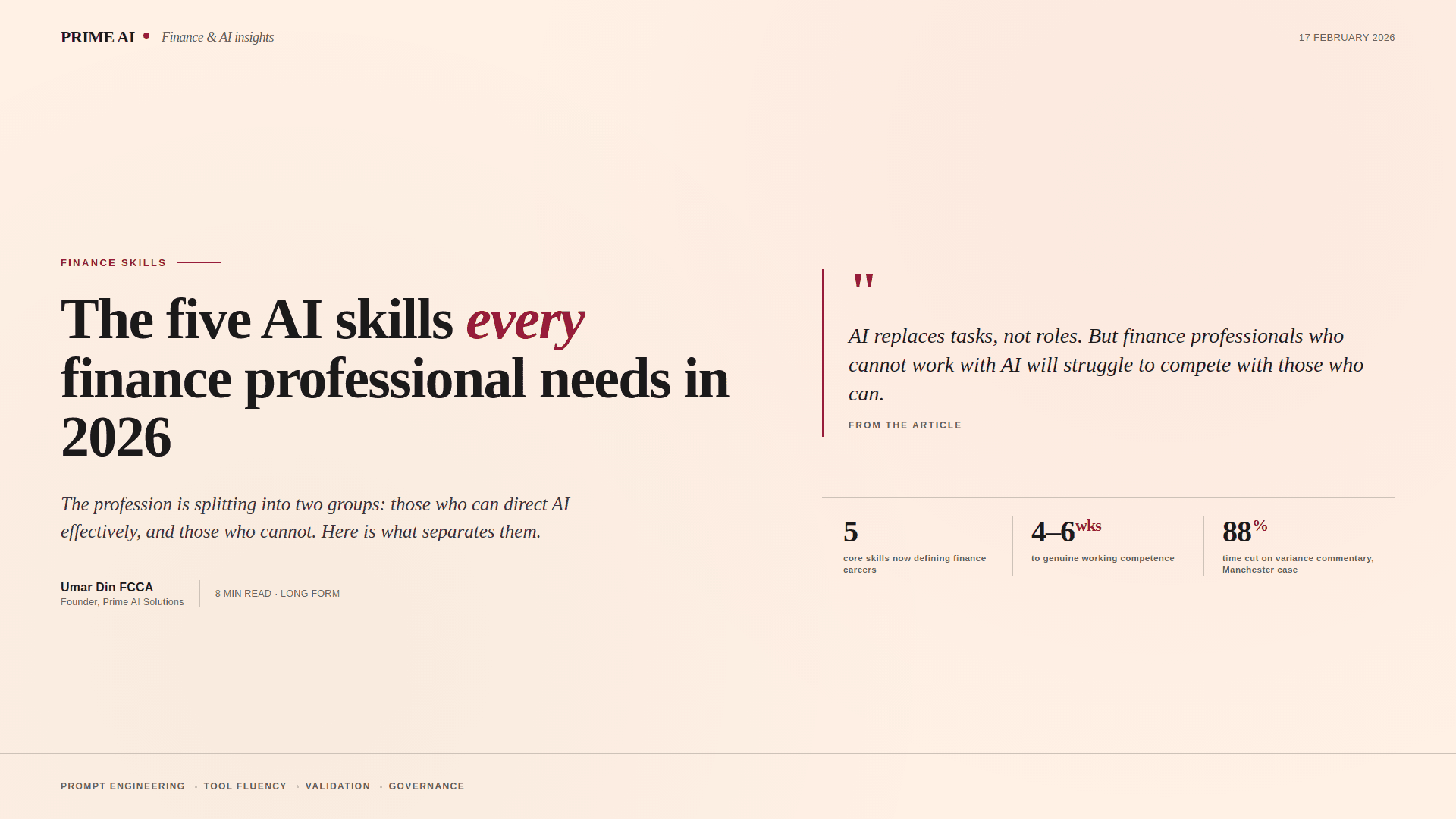 The five AI skills every finance professional needs in 2026: prompt engineering, tool fluency, validation, governance, and how to build them. Editorial cover by Prime AI Solutions.